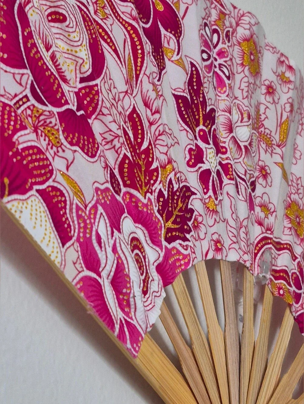 Thai folding fan with a floral fabric pattern on a bamboo frame,home decor